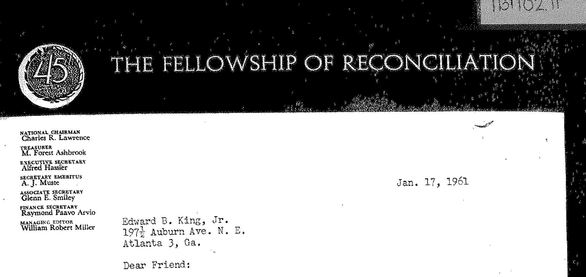 Letter from Glenn E. Smiley to Edward B. King, Jr. (01/17/1961)